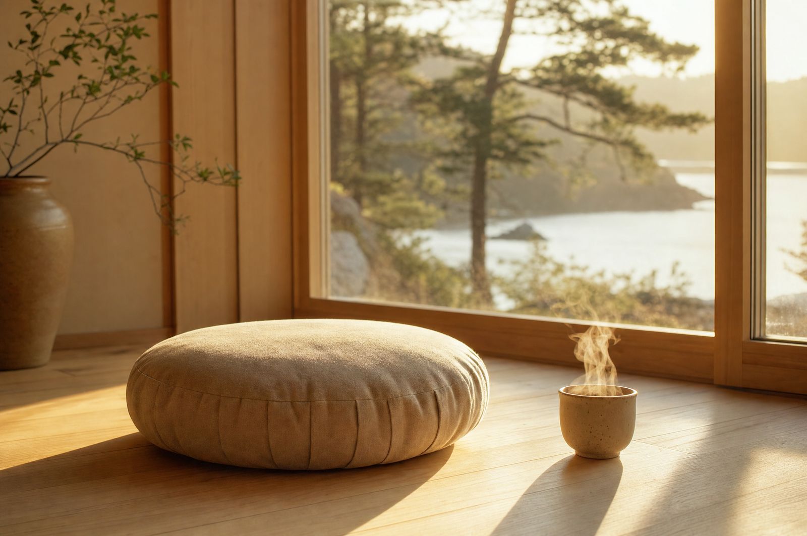 Meditationspude i morgenlys ved et vindue